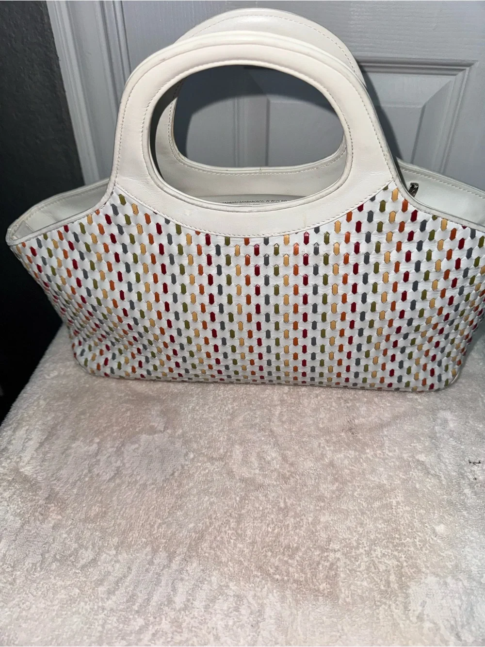 Salvatore Ferragamo White Tote with Multicolor Perforated Accents